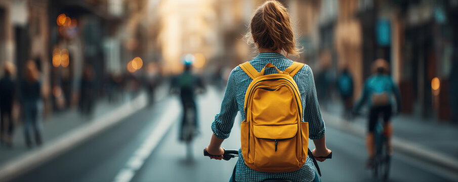 Back to school cyclist yellow backpack city street rear view commuting bicycle urban student lifestyle transportation