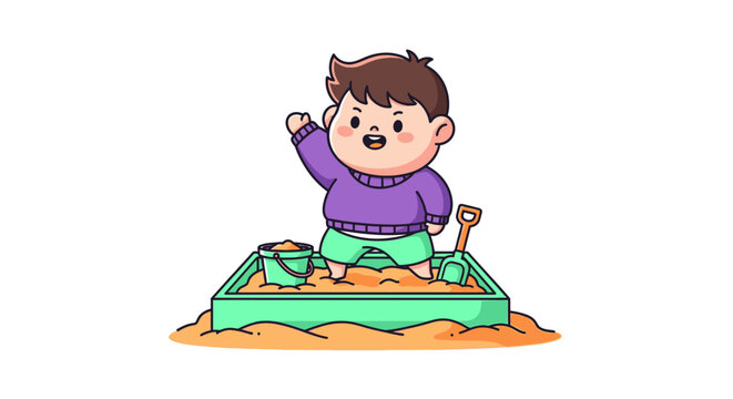 Happy young boy playing joyfully in a sandbox outdoors.
