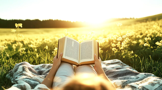 Reading a Book on Blanket in Sunny Meadow at Golden Hour