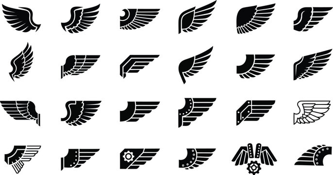 Black wing icons and mechanical flight symbols set for automotive branding industrial logo design and speed concepts vector