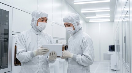 Naklejka premium 半導体工場のクリーンルーム通路でタブレット端末を見ながらOJTによる打ち合わせを行う日本人製造作業員
