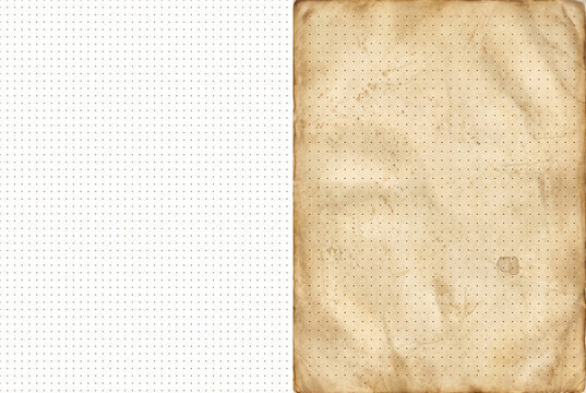 Contrast split background featuring dark black dotted grid and aged vintage stained paper in rustic aesthetic for creative writing, journaling, and design layout concept