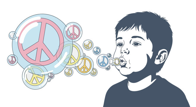 Boy Blowing Bubbles With Peace Sign.