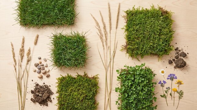 Generative AI: Flat lay botanical composition of square grass and moss patches, soil, pebbles, wheat, and wild flowers on a wooden background