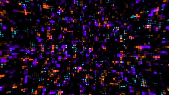 Abstract digital background featuring a dynamic grid of twinkling colorful square pixels with vibrant purple orange and blue glowing lights for technology and data concepts