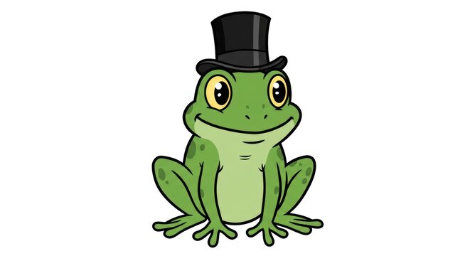A smiling green frog wearing a top hat sits on a surface