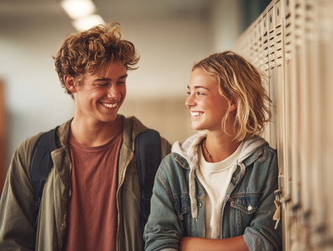 Back to school student teen hallway locker smile backpack friendship education college couple chatting by locker bright school hallway smiling