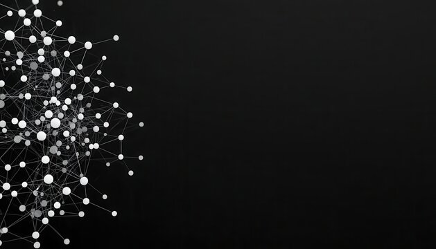 Abstract cluster of glowing connected dots forming a network on the left side of a dark background with abstract background technology structure connected communication innovation particle