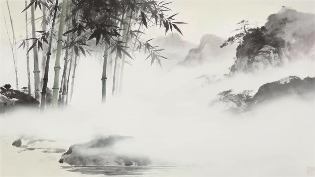 Misty Mountain Bamboo Forest: A serene ink wash painting depicts a tranquil bamboo grove against a backdrop of mist-shrouded mountains, evoking a sense of peace and timelessness.