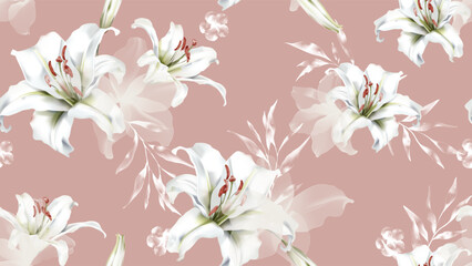 Fototapeta premium Floral seamless pattern featuring watercolor-style white Casa Blanca lily flowers and leaves on a soft green background