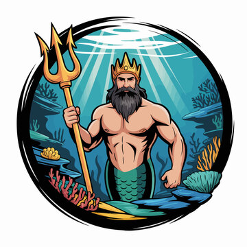 Cartoon merman king with trident underwater.