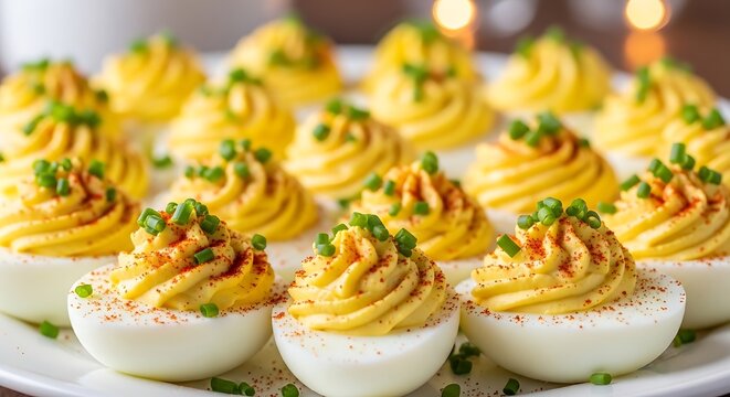 Deviled eggs on a plate garnished.