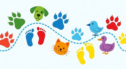 Fototapeta premium Colorful animal tracks and footprints illustration.