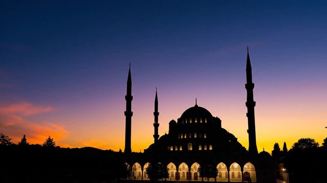 Silhouette of a grand mosque with multiple minarets and a central dome against a vibrant sunset sky.