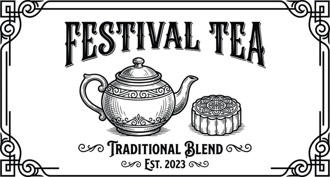 Festival tea label with teapot and cake Mid-Autumn