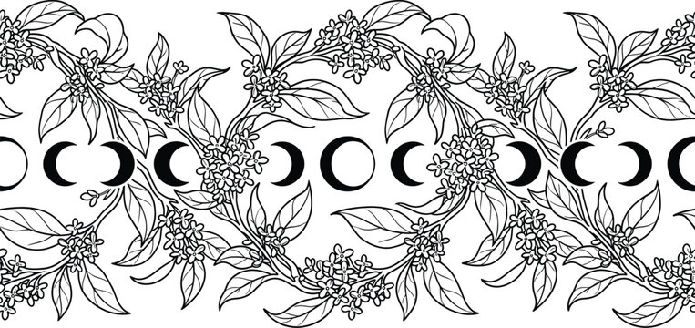 Moon phases in a floral wreath border Mid-Autumn