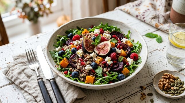 A vibrant salad sits in a rustic bowl on a weathered wooden table. The salad features a mix of fresh greens, roasted beets, blueberries, raspberries, figs, quinoa, and walnuts.