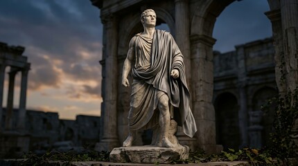 Obraz premium Classical marble statue of a roman leader among ancient ruins at dusk