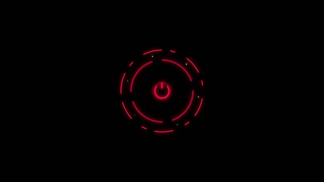 Futuristic Red Power Button Icon Animation on Black Background.