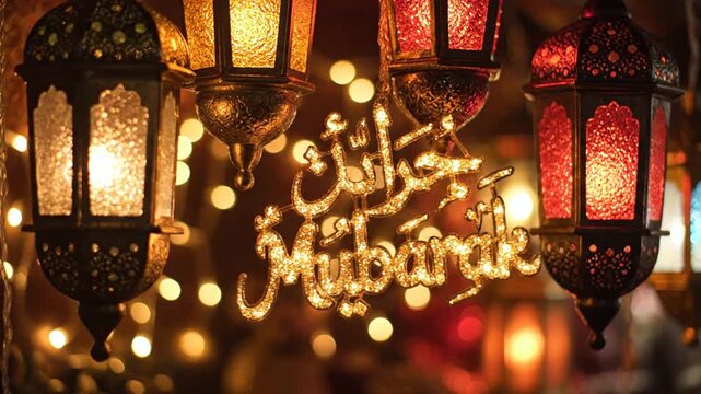 Illuminated Ramadan lanterns and Arabic calligraphy wishing a blessed Eid Mubarak.