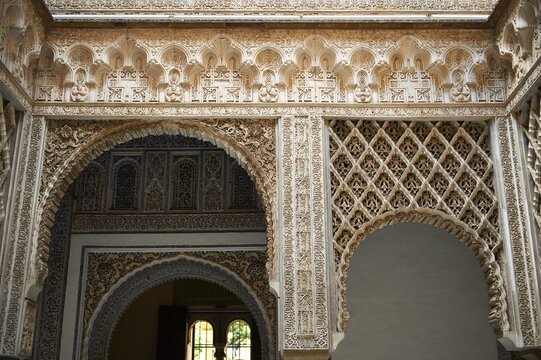Arabesque Mudjar plasterwork of the 12th century Patio de las Mu&ntilde;ecas (Courtyard of the Dolls), Alcazar of Seville, Seville, Spain