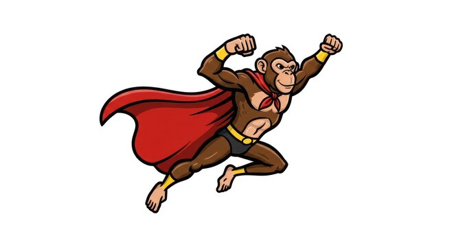 A cartoon monkey superhero is flying through the air with fists clenched.