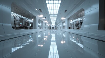 Obraz premium Futuristic and sleek high-tech corridor in a modern building with reflective floors and bright