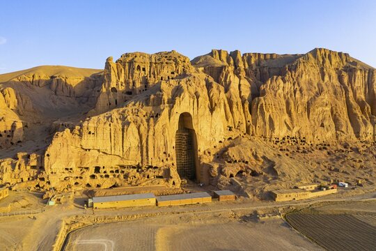 Aerial of the great buddhas in Bamyan, Afghanistan