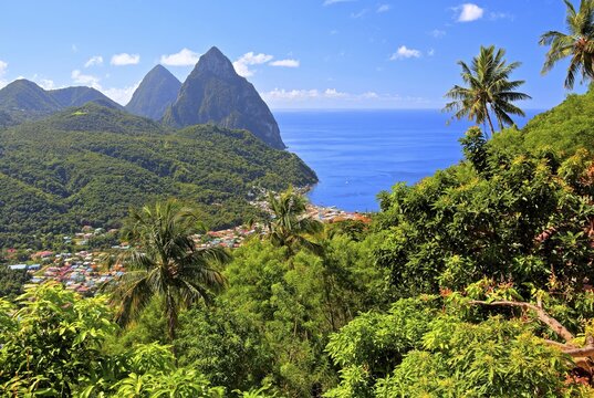 Tropical landscape with view of the village and the two Pitons, Gros Piton 770m and Petit Piton 743m, Soufriere, St. Lucia, Lesser Antilles, West Indian Islands, Caribbean Sea