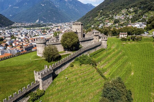 Aerial of Montebello castle, Unesco site three castles of Bellinzona, Ticino, Switzerland