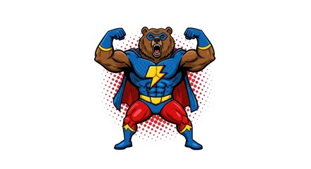 Naklejka premium A cartoon bear superhero wearing a blue and red costume poses heroically.