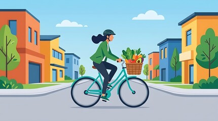 Fototapeta premium Woman riding a bicycle with a basket of vegetables in the city