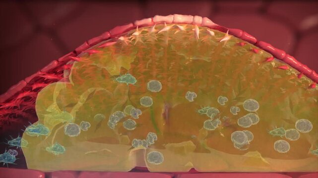 In atherosclerotic plaques, macrophages secrete MMP9, IL-6, and other inflammatory cytokines, creating a plaque rich in inflammatory mediators. 3D animation.