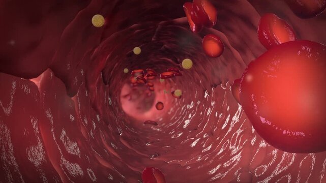Targeted drug molecules travel through the bloodstream, distributed to the whole body via blood vessels. 3D animation of systemic drug delivery and circulation.