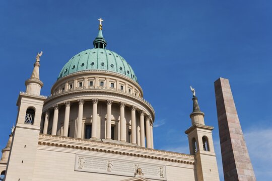 Close-up of a cathedral with a green dome under a clear sky, St. Nikolai Church, Alter Markt, Potsdam, Brandenburg, Germany