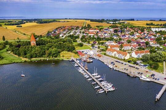Aerial of Kirchdorf, Church village with its harbour on Poel Island, Baltic sea, Germany