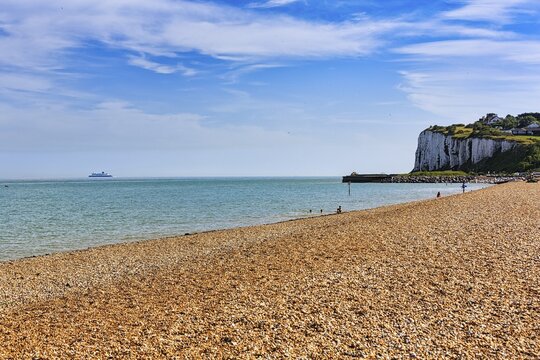 Shingle beach with chalk cliffs, Kingsdown Beach in summer, sunny weather, Dover, Kent, England, United Kingdom