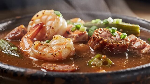 Delicious Shrimp and Sausage Gumbo Served Hot and Steaming.