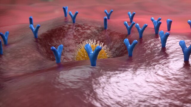 Drug molecules bind to tumor or inflammation receptors, then enter cells via endocytosis. Targeted therapy enables precise treatment. 3D animation of receptor-mediated drug uptake.