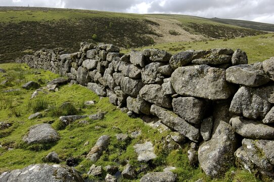 Stone wall near Whistmans WoTwo Bridges Dartmoor National Park Devon England