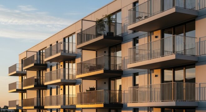 Modern Apartment Building with Balconies at Sunset