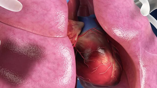 Coronary artery blockage leads to myocardial infarction. Blood clot dislodges, reaches brain, and causes ischemic stroke. Cardio-cerebral thromboembolism. 3D animation.