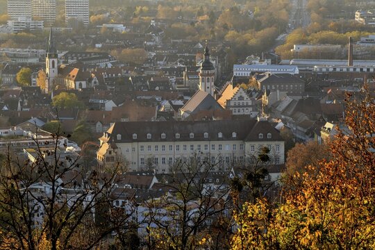 View from the Turmberg towards Durlach with town church and town hall, in the background the city of Karlsruhe, autumn, Karlsruhe, Baden-W&uuml;rttemberg, Germany