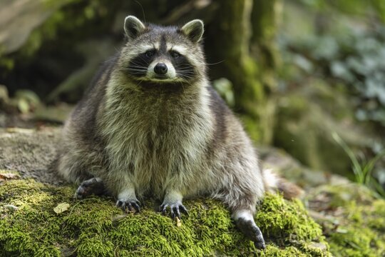 Raccoon (Procyon lotor) sitting on a stone, Germany