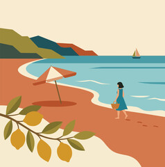Bright tropical beach landscape with ocean waves and warm summer atmosphere in clean flat vector style for travel and tourism themes © Rove