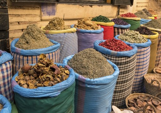 Sacks of dried spices and herbs in Marrakech spice market, Marrakech, Morocco