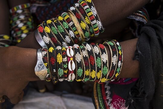 Close up of the bracelets, Gerewol festival, courtship ritual competition among the Woodaabe Fula people, Niger