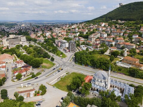 Aerial view, Tombul Mosque, Sherif Halil Pasha Mosque, Serif Halil Pasa Mosque, Serif Halil Pasa Camii, important Ottoman building, Shumen, Shumla, Unesco World Heritage, Bulgaria
