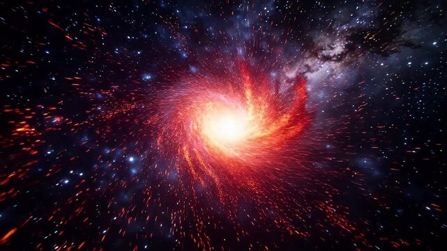 Red orange spiral nebula rotating in deep space with stars