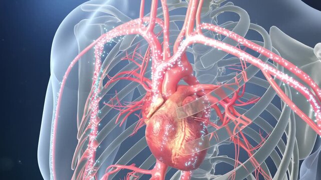 Drug molecules are pumped by the heartbeat through arteries and veins, spreading throughout the body to treat vascular or tumor diseases. 3D animation of systemic drug distribution.
